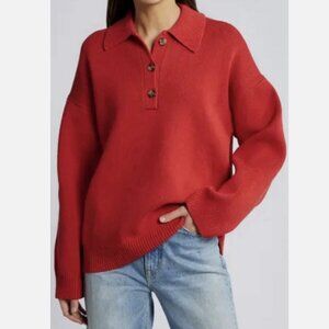 Reformation Red Brooklyn Polo Sweater Organic Cotton Sweater Anthropologie L NWT